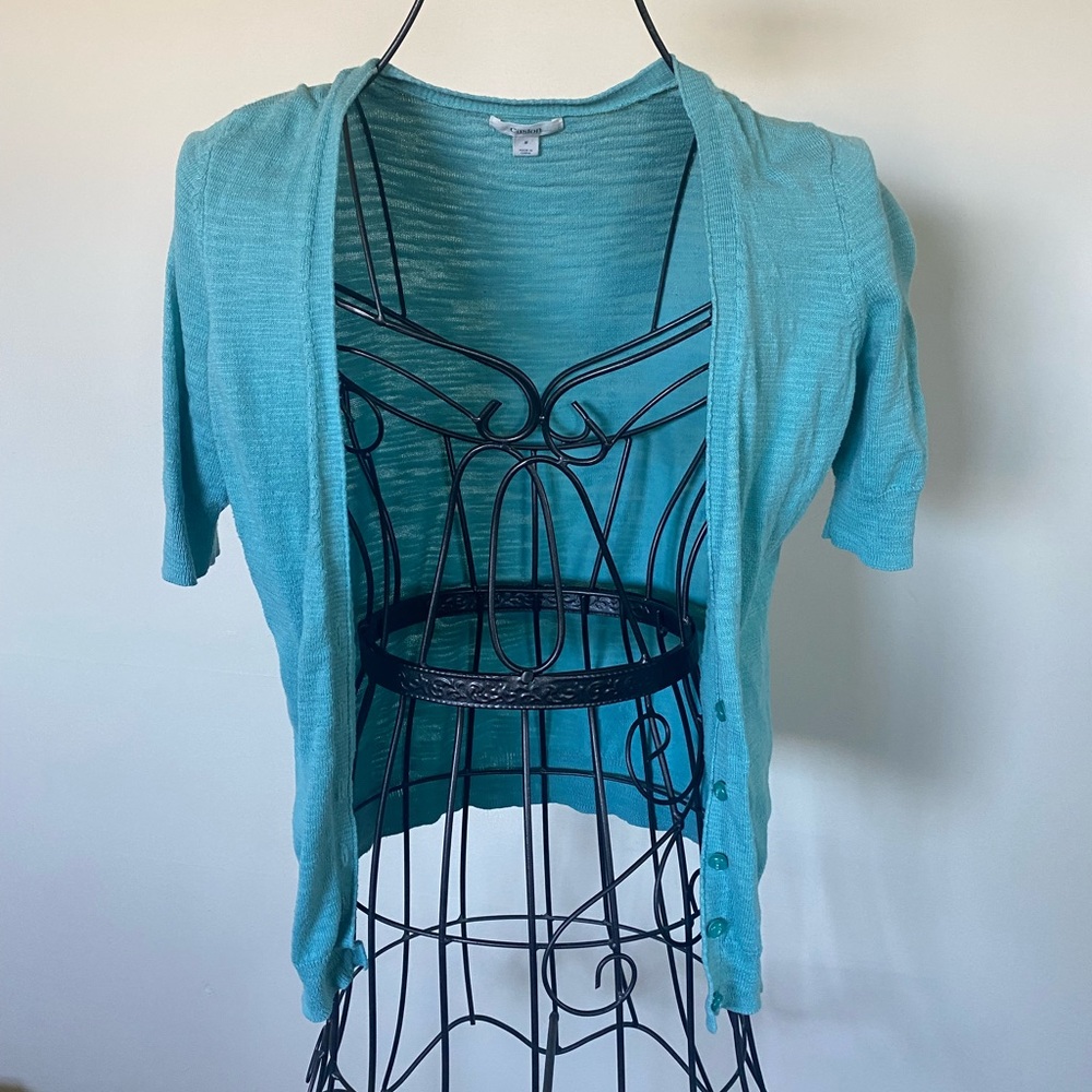 Caslon Short Sleeve Button Up Cardigan in Teal